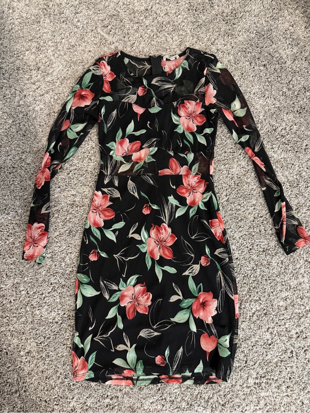 Black Floral Long-Sleeve Bodycon Dress - Coral & Green